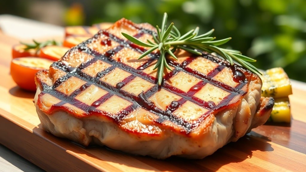 Grilled garlic rosemary pork chop on a wooden board with rosemary and grilled vegetables.