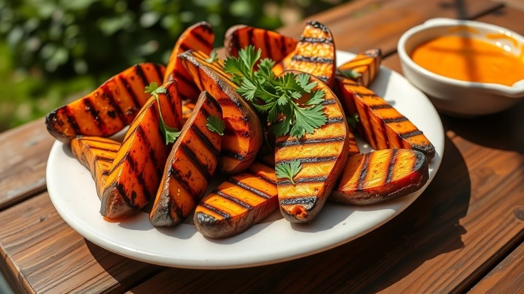 Grilled sweet potato wedges garnished with parsley on a rustic table, ready for serving.