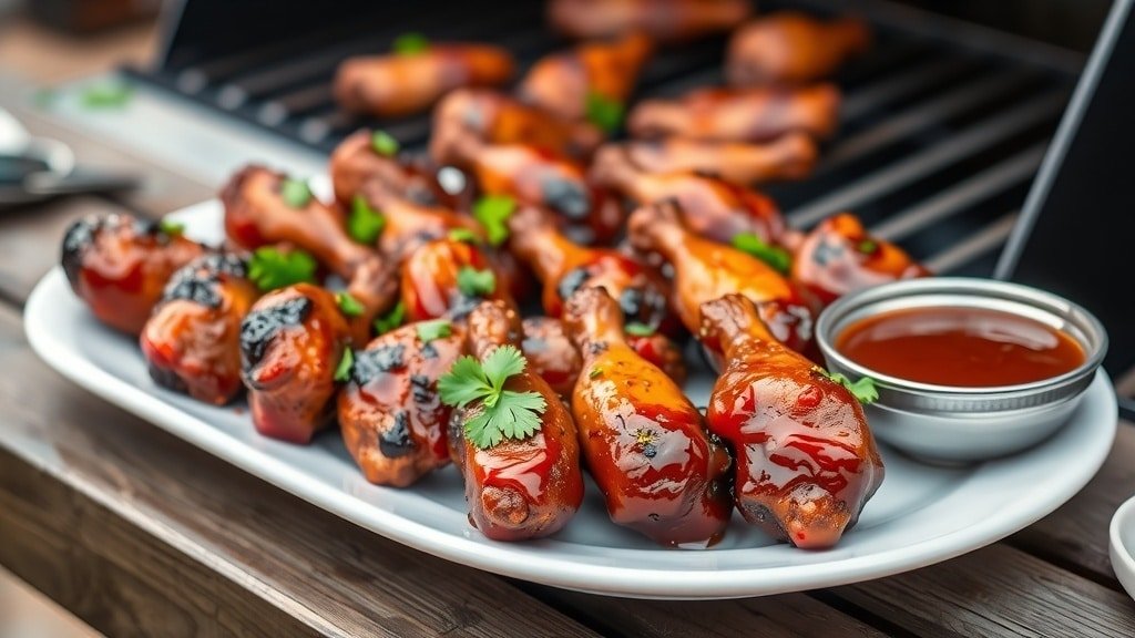 Grilled BBQ chicken drumettes on a plate, garnished with parsley, with a bowl of barbecue sauce in the background.