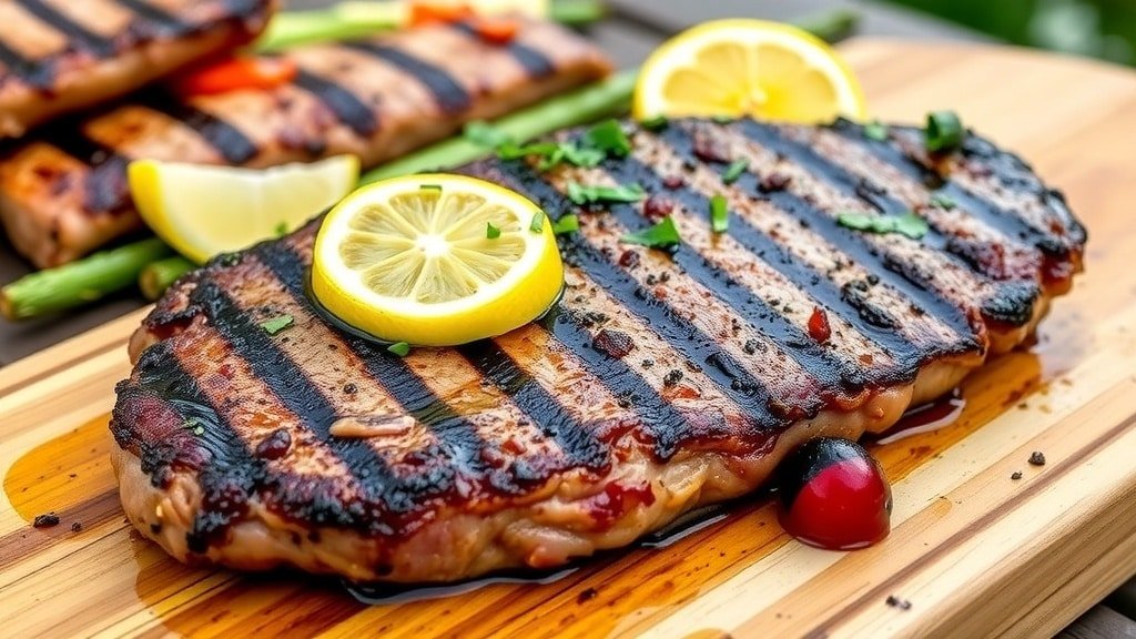 Grilled garlic pepper steak on a cutting board with herbs and lemon, surrounded by grilled vegetables.