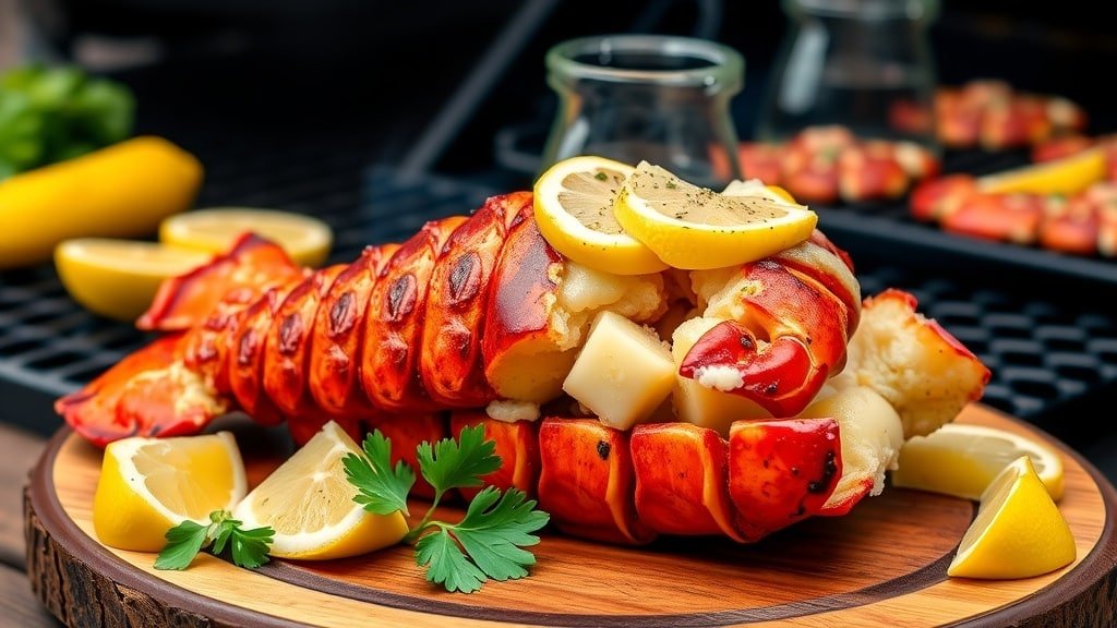 Grilled lobster tail brushed with lemon garlic butter, garnished with parsley and lemon wedges on a wooden platter.
