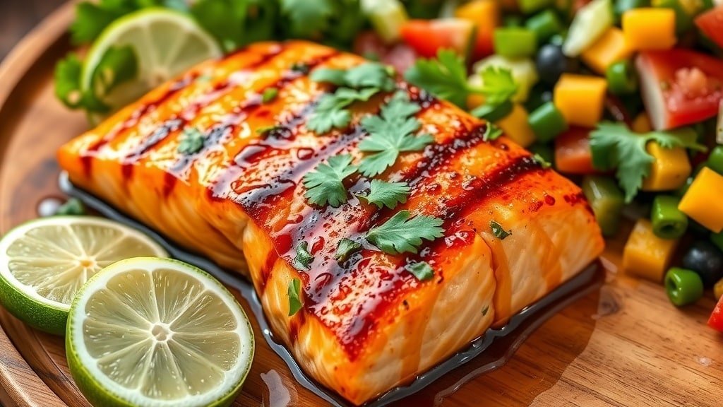 Grilled honey lime salmon fillet on a wooden platter with lime wedges and salad.