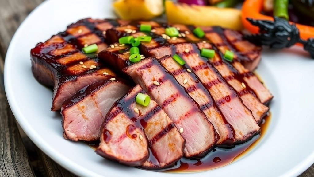 Grilled teriyaki tuna steak garnished with sesame seeds and green onions on a plate with grilled vegetables.