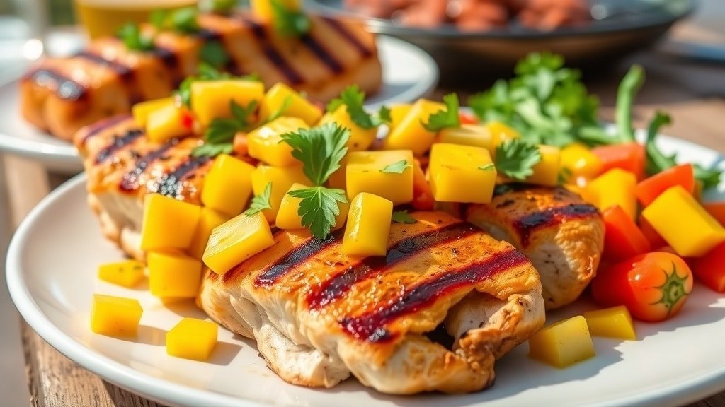 Grilled chicken breasts topped with mango salsa, served with grilled vegetables on a sunny outdoor table.