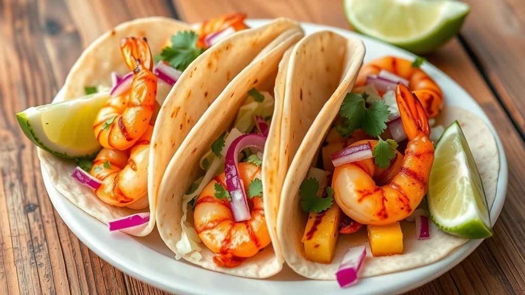 Grilled pineapple shrimp tacos with cabbage and cilantro on a wooden table.