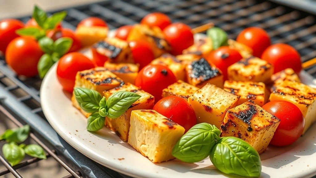 Grilled halloumi and tomato skewers with basil, set on a plate in an outdoor grilling setting.