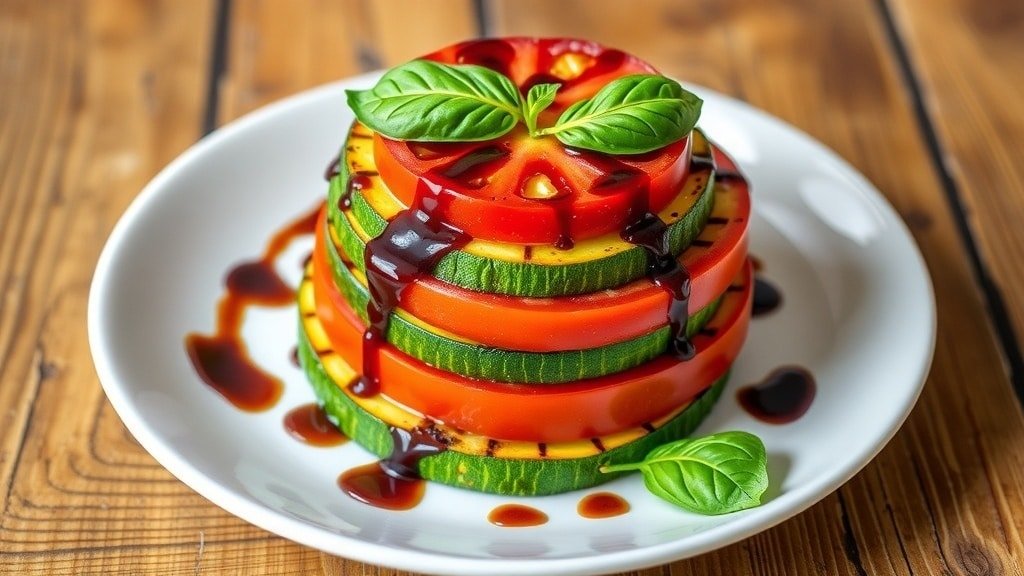 Grilled Zucchini and Tomato Stack with basil and balsamic glaze on a rustic wooden table.