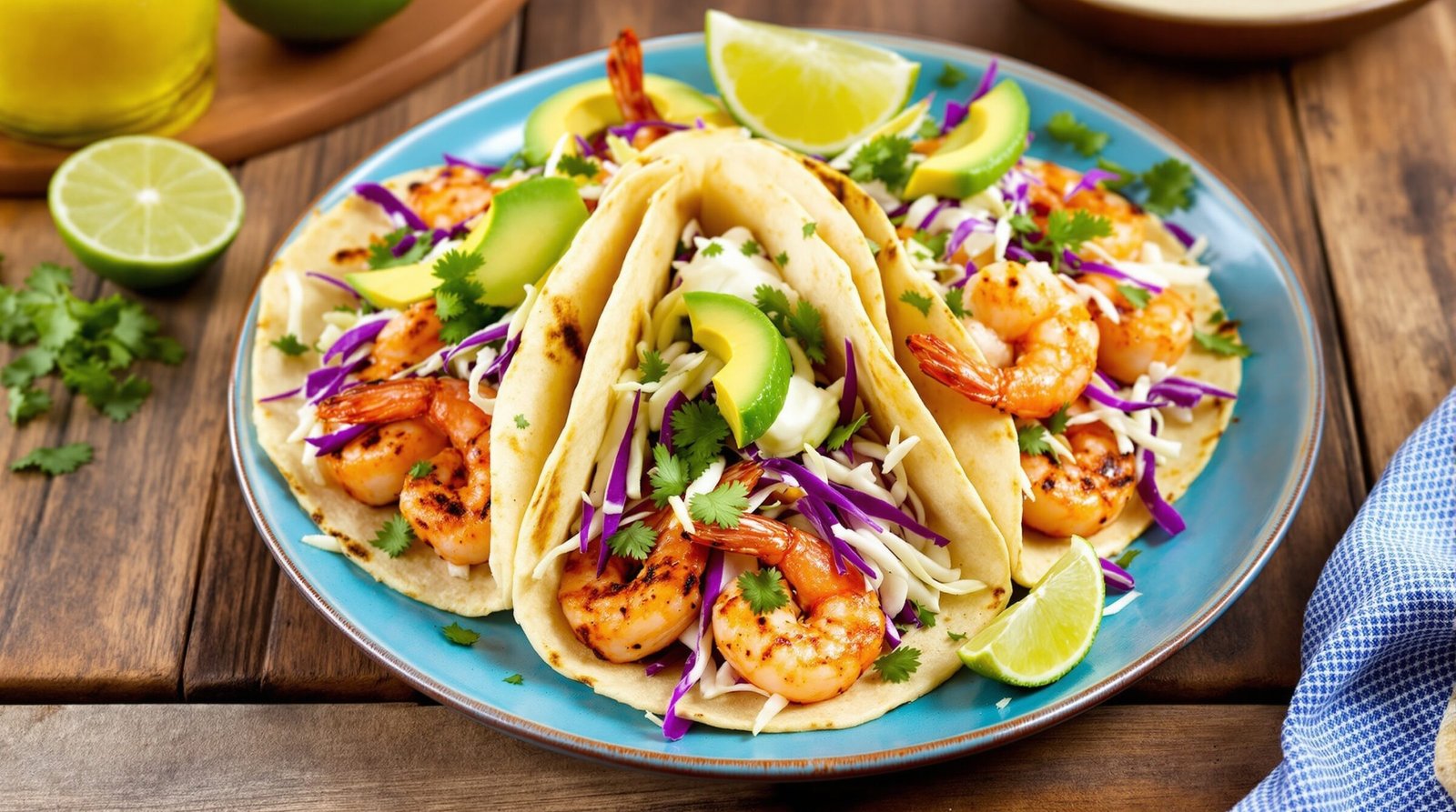 Grilled citrus shrimp tacos with cabbage, avocado, and lime on a rustic table.