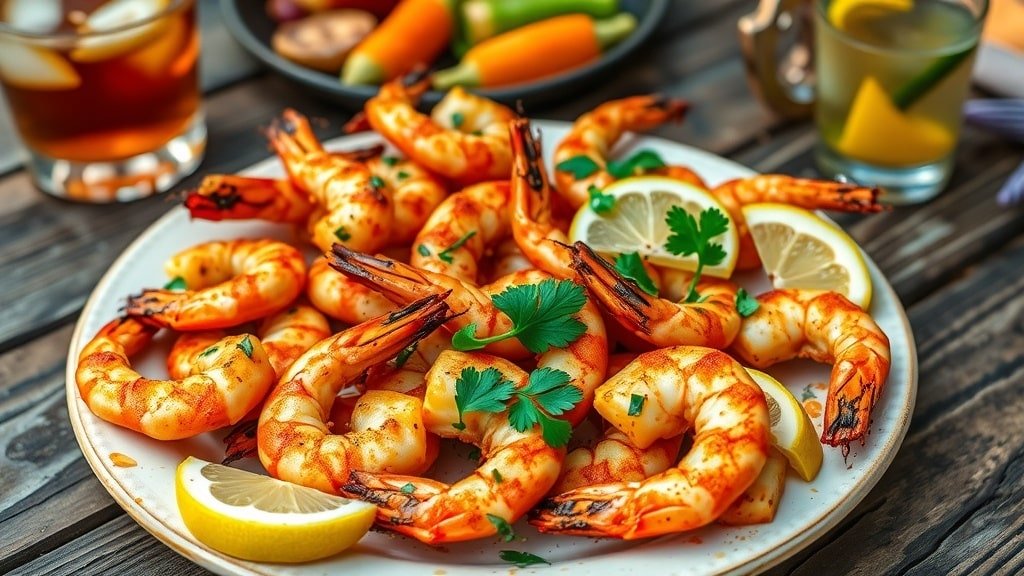 Grilled spicy garlic shrimp on a plate, garnished with parsley and lemon, served with grilled vegetables.