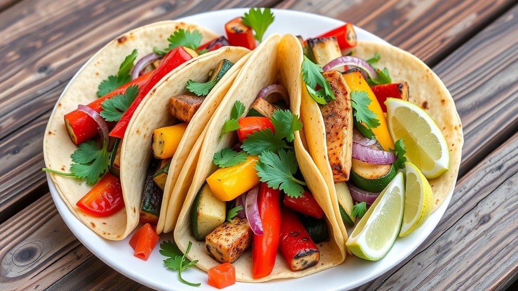 Grilled vegetable tacos with bell peppers, zucchini, and red onions, garnished with cilantro and lime wedges.