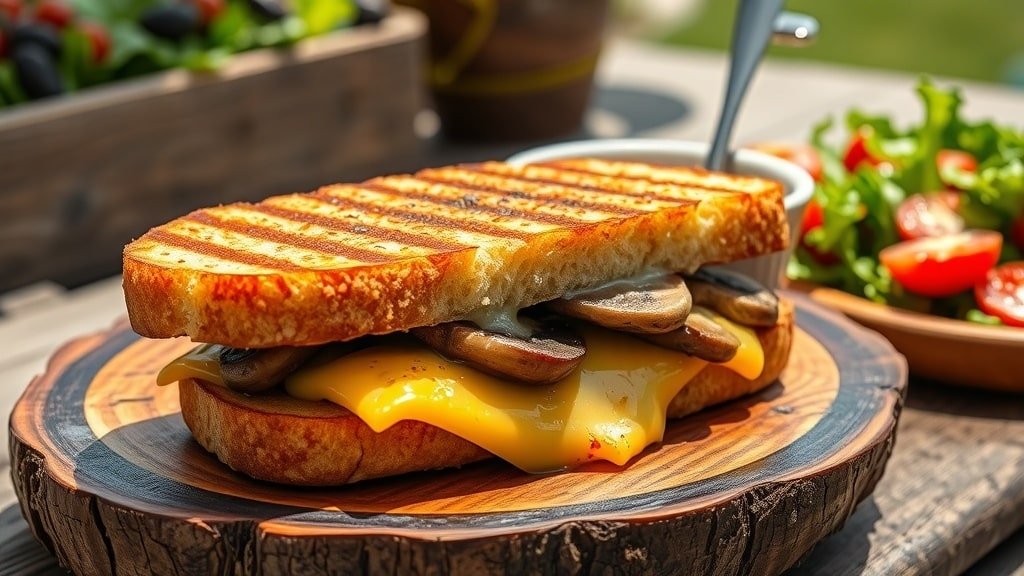 Grilled mushroom and cheese sandwich with melted cheese, served on a wooden plate with salad.