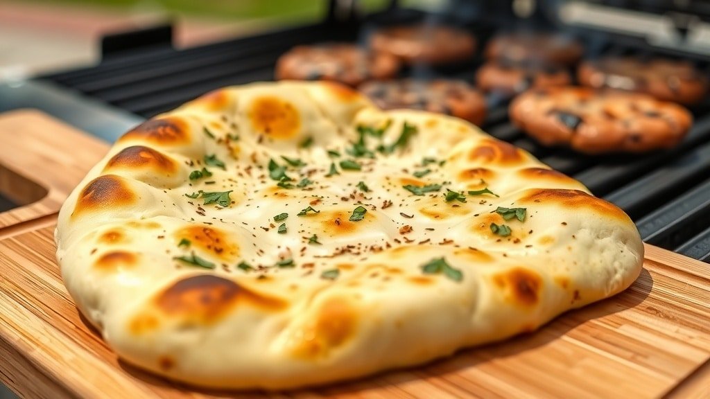 Grilled garlic naan bread with herbs on a wooden board, with a grill in the background.
