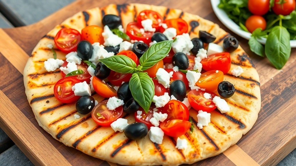 Grilled Mediterranean Flatbread Pizza with tomatoes, olives, feta, and basil on a wooden board.