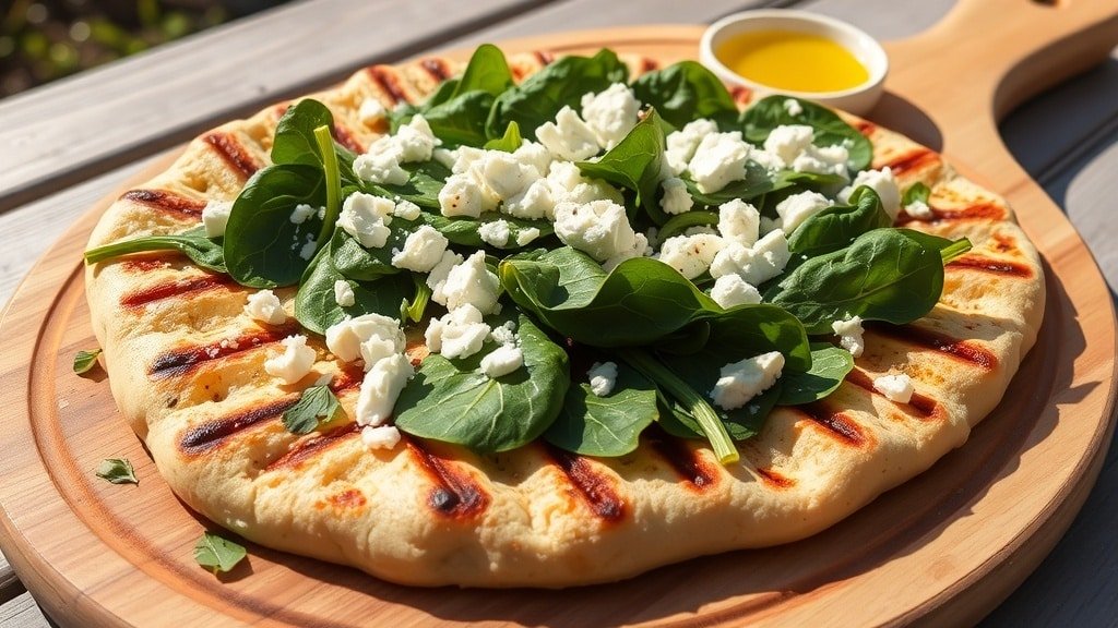 Grilled spinach and feta flatbread with grill marks, garnished with herbs on a wooden board.