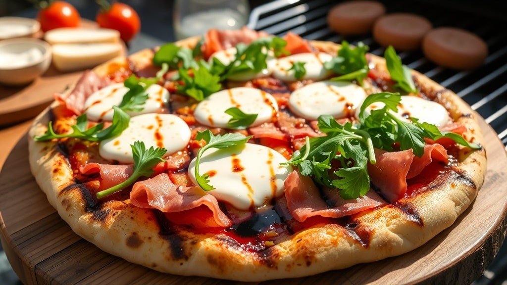 Grilled pizza with mozzarella, prosciutto, and arugula, served outdoors with a grill in the background.