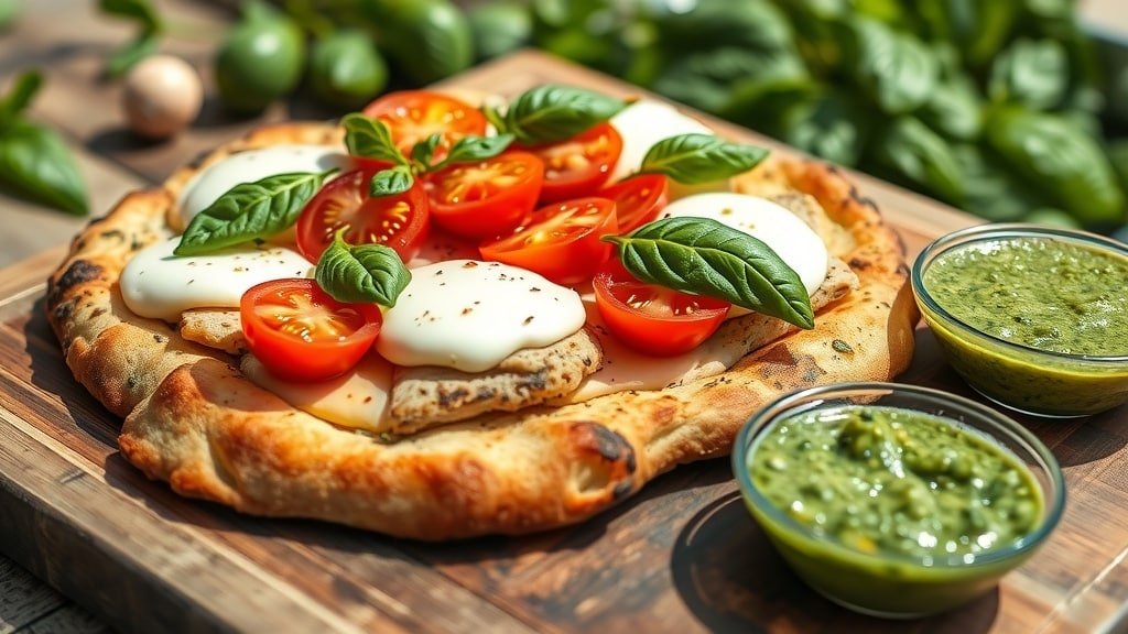 Grilled chicken pesto flatbread with mozzarella and cherry tomatoes, garnished with basil on a wooden board.