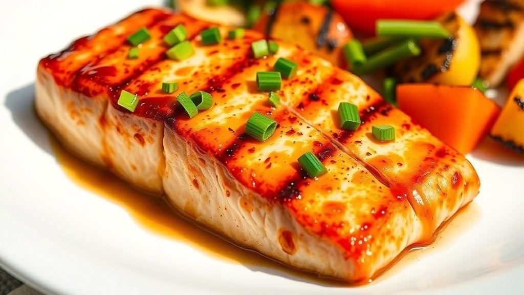 Grilled honey garlic salmon fillet on a plate with green onions and grilled vegetables.