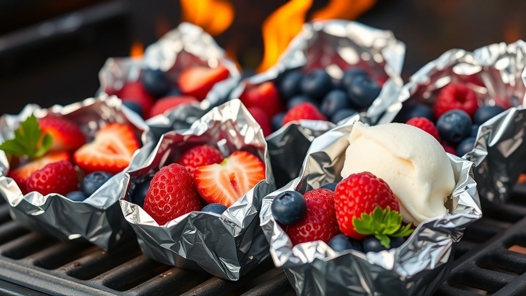Grilled berry dessert packets with strawberries, blueberries, and raspberries on a grill, served with ice cream.