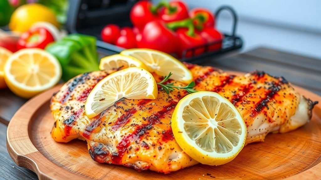 Grilled lemon pepper chicken breast garnished with lemon slices on a wooden plate.
