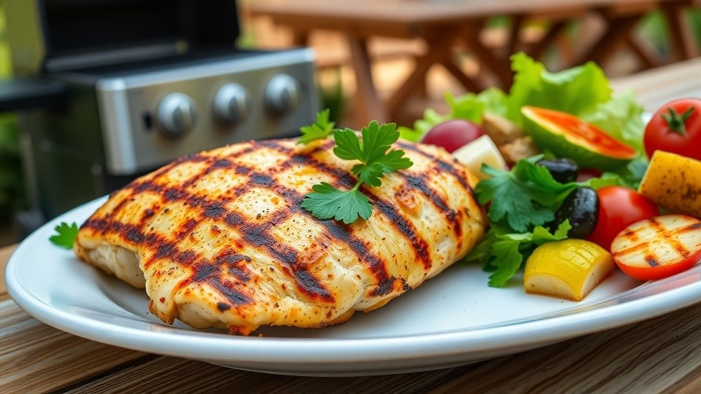 Grilled chicken breast with parsley on a plate, served with salad and vegetables, in an outdoor setting.