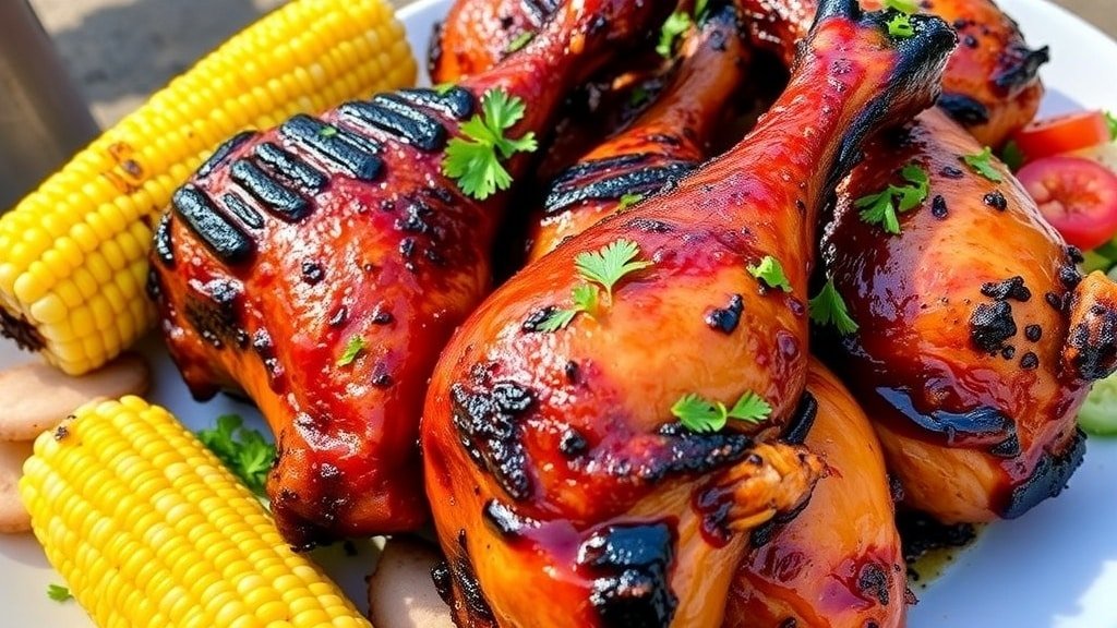 Grilled BBQ chicken leg quarters on a platter with corn and salad, garnished with parsley.