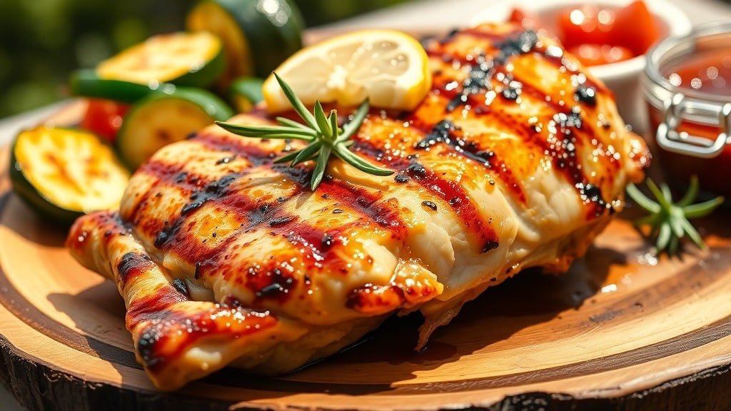 Grilled lemon rosemary chicken breast garnished with rosemary and lemon slices, served with grilled vegetables.