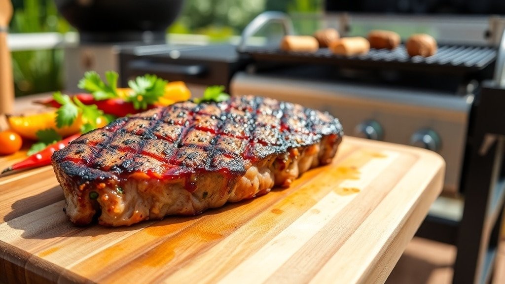 Grilled smoked paprika steak on a cutting board with parsley and grilled vegetables in an outdoor setting.