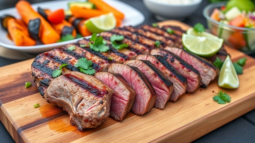 Grilled garlic lime sirloin steak garnished with cilantro and lime wedges on a cutting board, with grilled vegetables in the background.