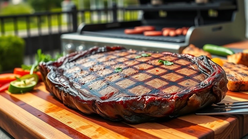 Grilled ribeye steak with herbs on a cutting board, surrounded by grilled vegetables in a sunny outdoor setting.