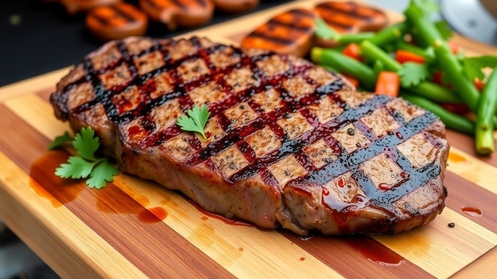 Grilled Cajun ribeye steak on a cutting board, garnished with parsley and accompanied by grilled vegetables.