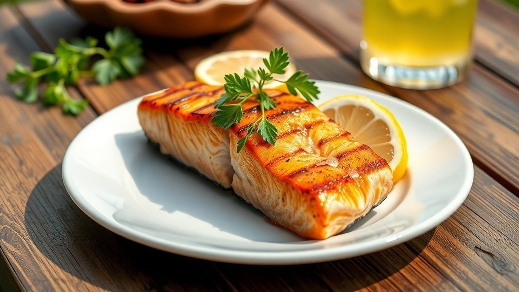 Grilled salmon fillet with herbs and lemon slices on a plate, served with lemonade.