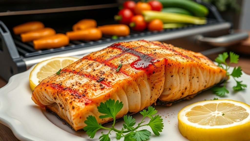 Grilled Cajun salmon fillet on a plate with lemon and parsley, set against a backdrop of a barbecue grill.