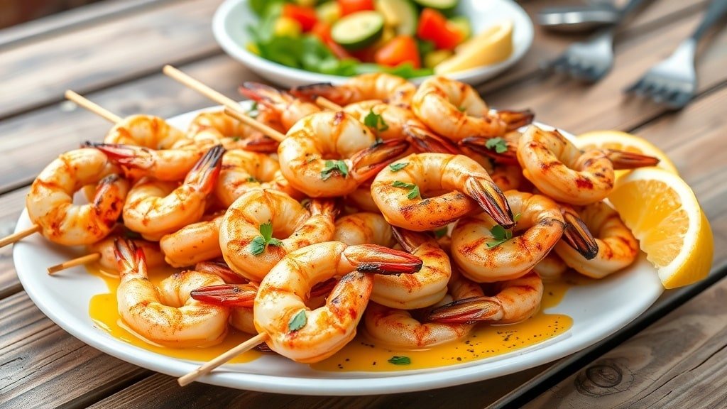 Grilled Mediterranean shrimp skewers on a plate with herbs and lemon wedges.