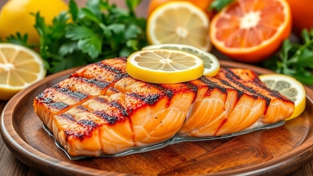 Grilled salmon fillet garnished with lemon slices on a wooden plate, surrounded by fresh herbs and citrus fruits.