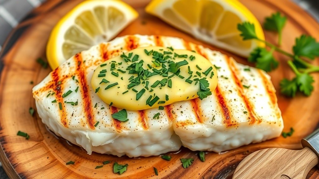 Grilled cod fillet with herb butter and lemon wedges on a wooden plate.