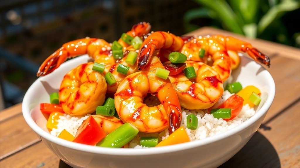 Grilled Teriyaki Shrimp Bowl with shrimp, rice, bell peppers, and snap peas, garnished with sesame seeds and green onions.
