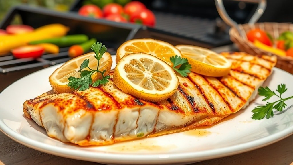 Grilled tilapia fillet with lemon slices and parsley on a plate, set against a summer grilling backdrop.