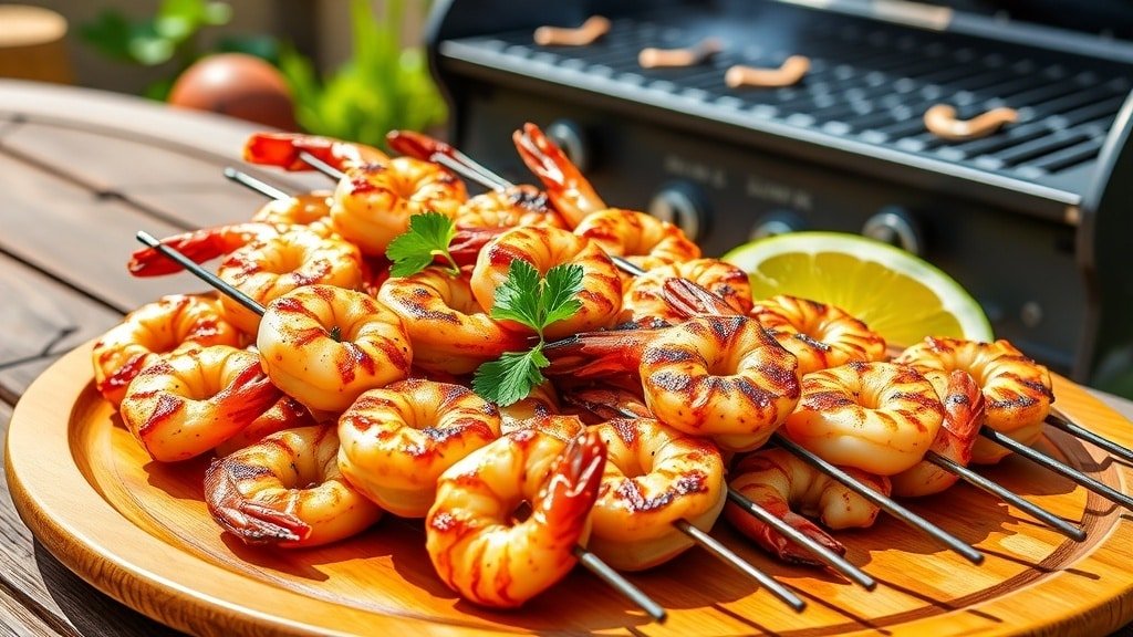 Grilled shrimp skewers on a wooden platter with parsley and lemon, set in an outdoor grilling scene.