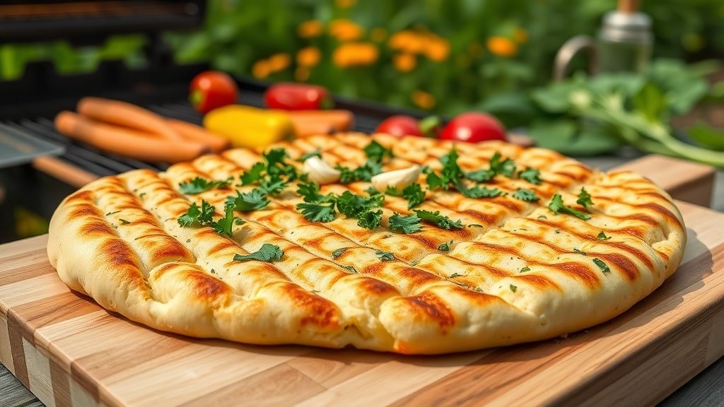 Grilled garlic herb flatbread with fresh herbs on a wooden board, in a summer garden setting.