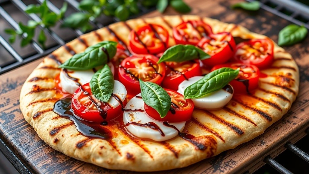 Grilled Caprese Flatbread Pizza with mozzarella, tomatoes, and basil on a rustic outdoor table.