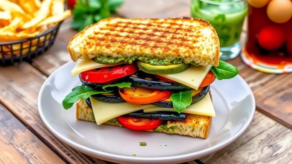 Grilled Pesto Veggie Sandwich with grilled vegetables and pesto, served with chips on a rustic table.
