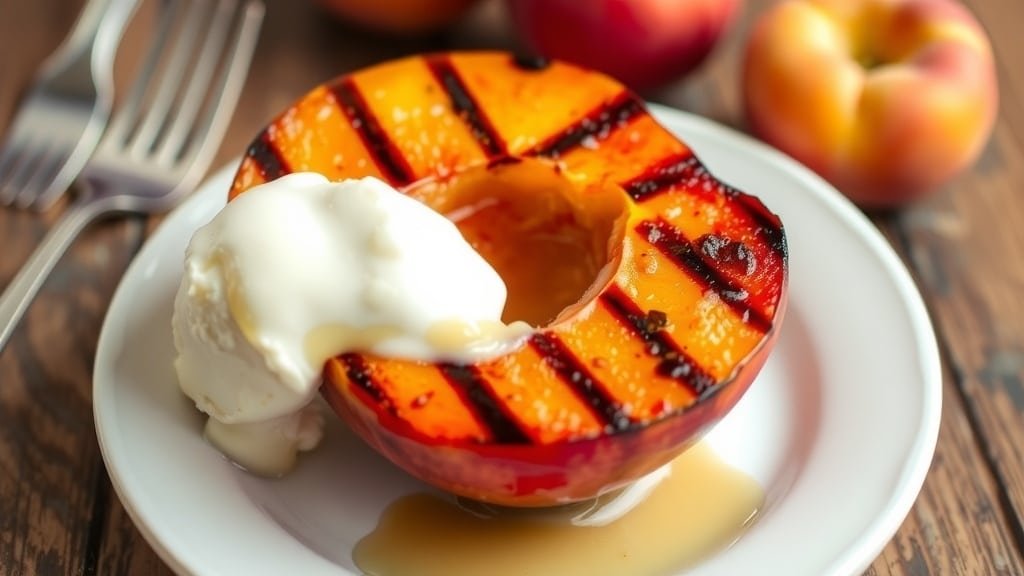 Grilled peach half with maple glaze on a plate, served with vanilla ice cream.