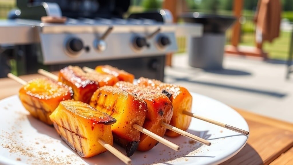 Grilled cinnamon banana skewers on a plate, caramelized and sprinkled with cinnamon, set against a sunny outdoor backdrop.