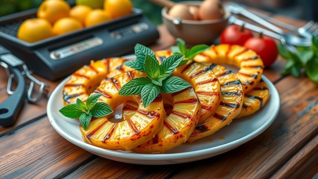 Grilled pineapple rings with honey-lime glaze, garnished with mint, on a rustic table.