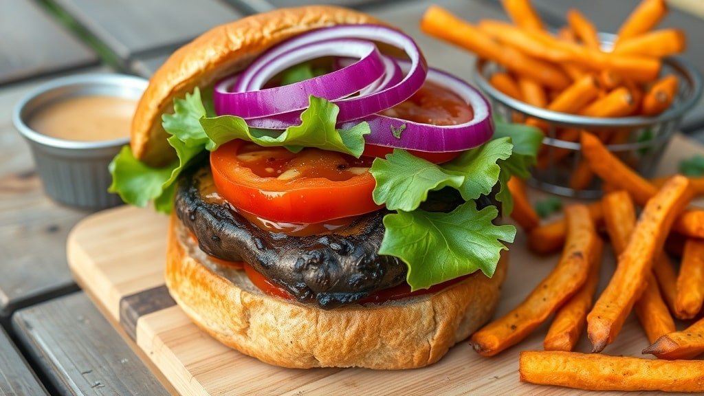 Grilled portobello mushroom burger with lettuce, tomato, and onion on a toasted bun, served with sweet potato fries.