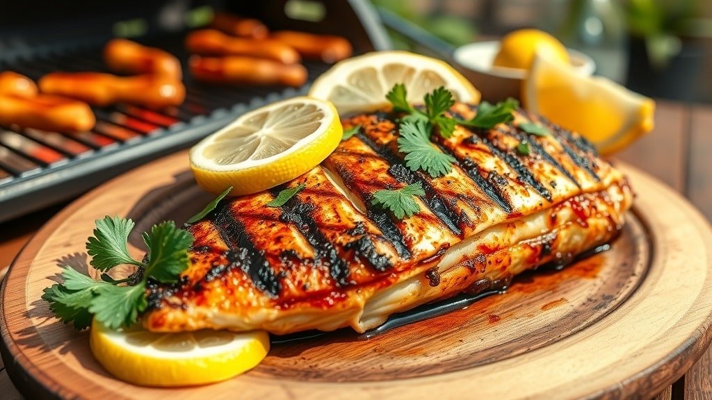 Grilled Cajun catfish fillet garnished with parsley and lemon on a wooden plate, set against a barbecue grill.