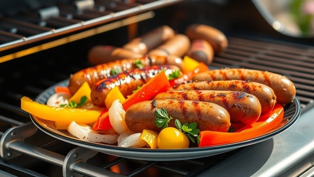 Grilled sausages with bell peppers and onions on a plate, garnished with herbs in an outdoor setting.