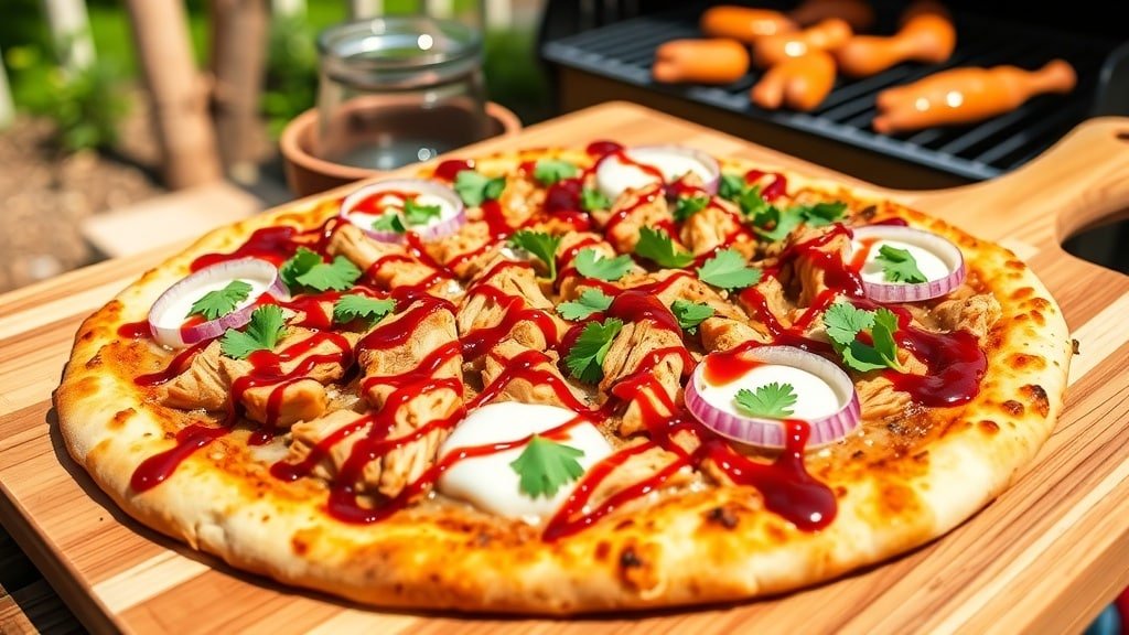 Grilled BBQ chicken pizza with cheese, chicken, and red onions, garnished with cilantro, on a wooden board.