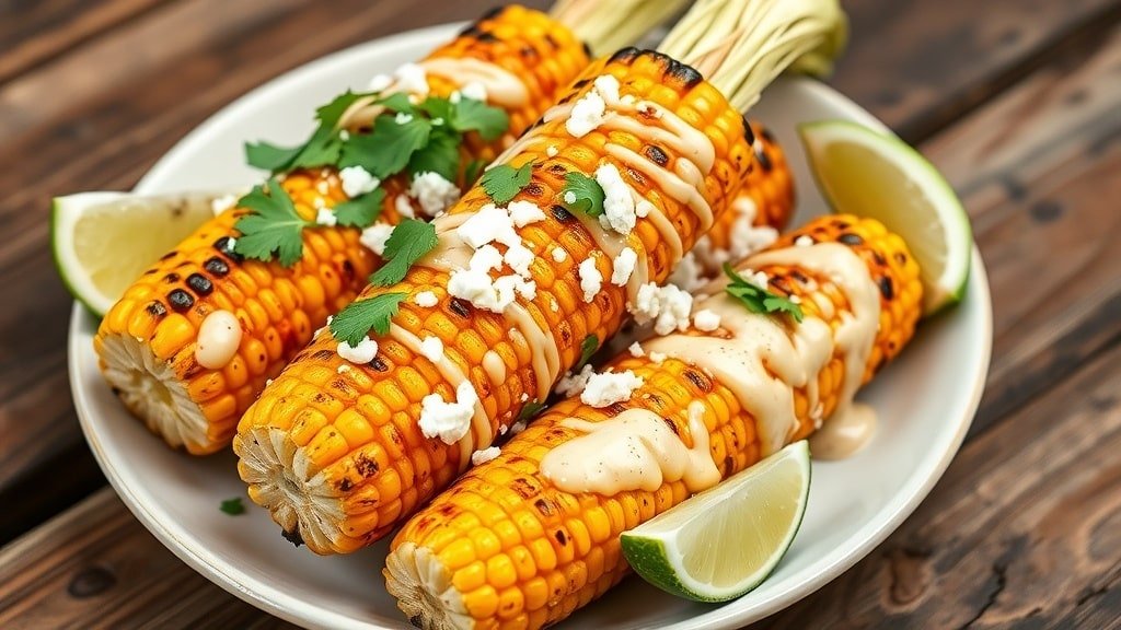 Mexican grilled street corn on a plate, topped with cotija cheese and cilantro, served with lime wedges.