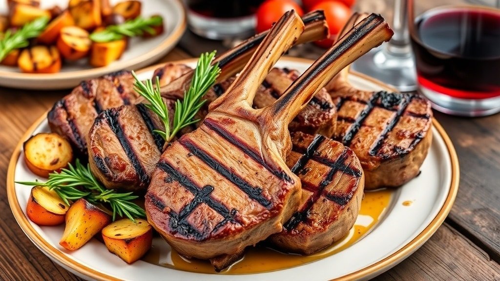 Grilled lamb chops garnished with rosemary on a rustic table with grilled vegetables and a glass of red wine.